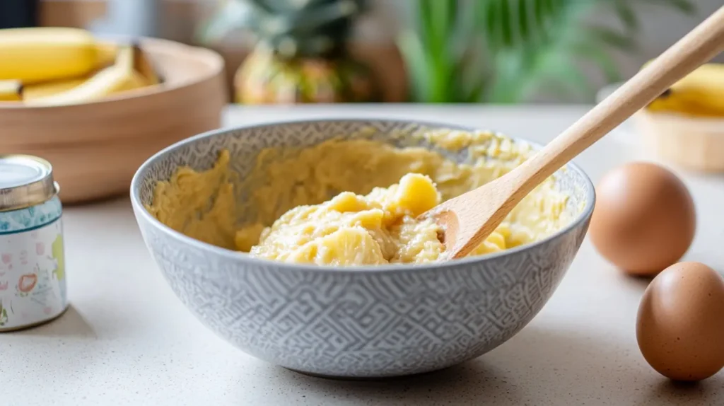 A bowl of banana pineapple bread batter being mixed with a wooden spoon, surrounded by mashed bananas, a can of pineapple, and other baking ingredients on a kitchen countertop.