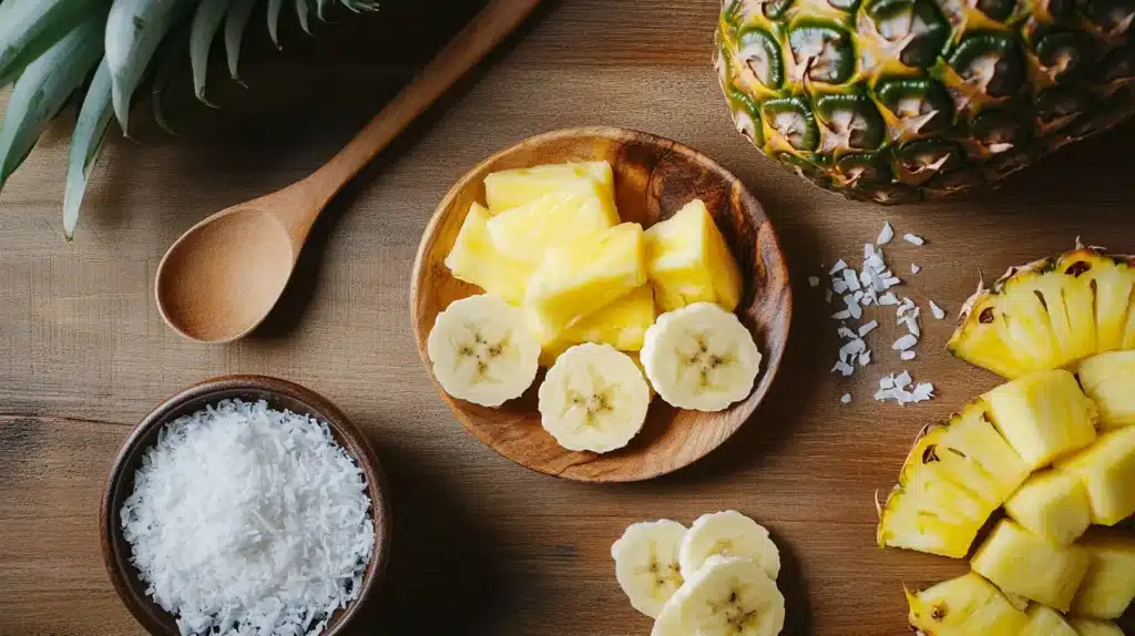 A flat lay of tropical ingredients including ripe bananas, sliced pineapple, shredded coconut, and a wooden spoon on a rustic wooden counter, evoking a tropical baking theme.