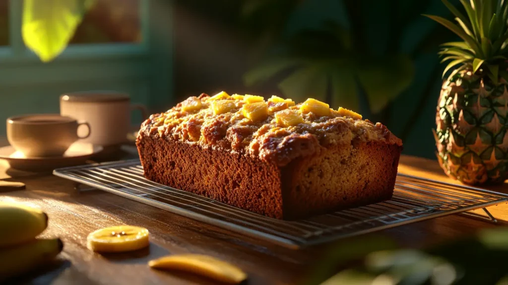 A golden-brown banana pineapple bread loaf resting on a cooling rack, surrounded by tropical props such as a pineapple slice, banana leaves, and a cup of coffee.