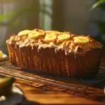 A freshly baked banana pineapple bread loaf on a wooden cutting board, surrounded by tropical fruits like bananas and pineapple slices, with a knife and a cup of tea in the background.