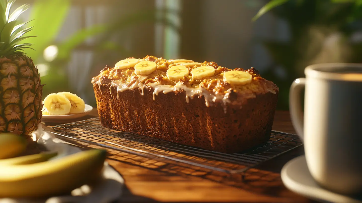 A freshly baked banana pineapple bread loaf on a wooden cutting board, surrounded by tropical fruits like bananas and pineapple slices, with a knife and a cup of tea in the background.