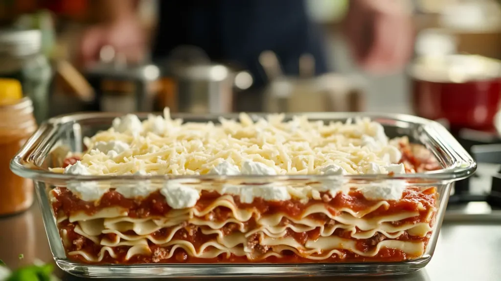 Close-up of uncooked gluten-free lasagna noodles on a wooden kitchen counter with ingredients like marinara sauce, grated cheese, and fresh basil arranged around them.