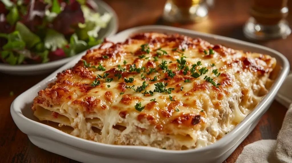 Step-by-step layering of gluten-free lasagna in a glass dish, showing uncooked noodles, marinara sauce, ricotta cheese, and shredded mozzarella cheese in a clean kitchen setting.