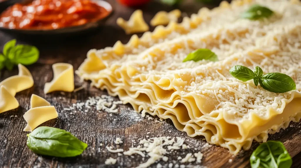 A golden-brown gluten-free lasagna served in a rustic baking dish, surrounded by fresh herbs, marinara sauce, and a cheese grater on a wooden table.