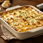 A golden-brown gluten-free lasagna served in a rustic baking dish, surrounded by fresh herbs, marinara sauce, and a cheese grater on a wooden table.