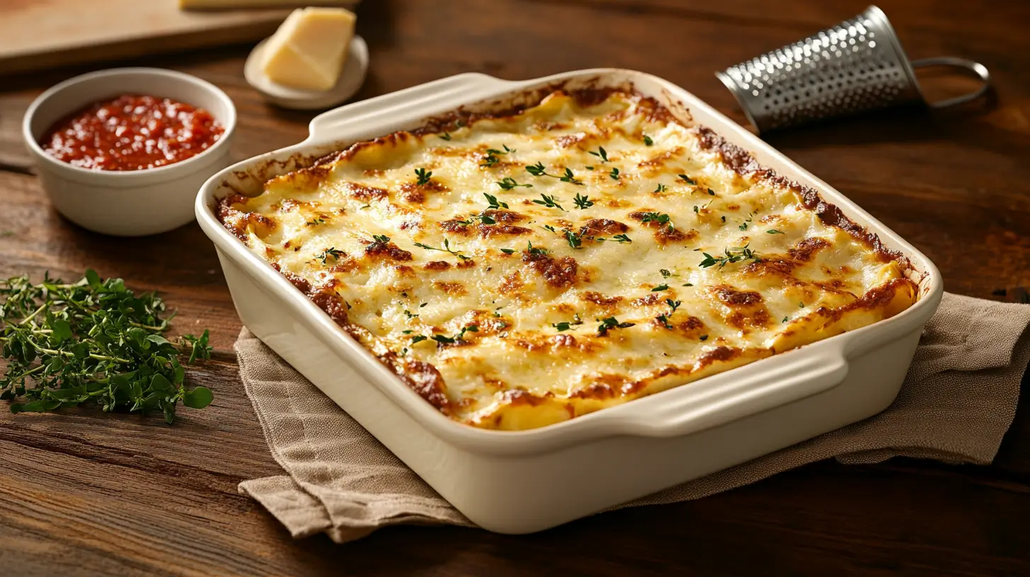 A golden-brown gluten-free lasagna served in a rustic baking dish, surrounded by fresh herbs, marinara sauce, and a cheese grater on a wooden table.