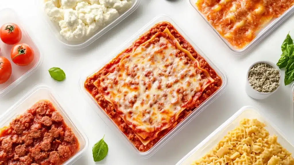 Packaging of Costco’s Kirkland Signature Italian Sausage and Beef Lasagna, showcasing the frozen meal box with clear labeling on a plain white background.