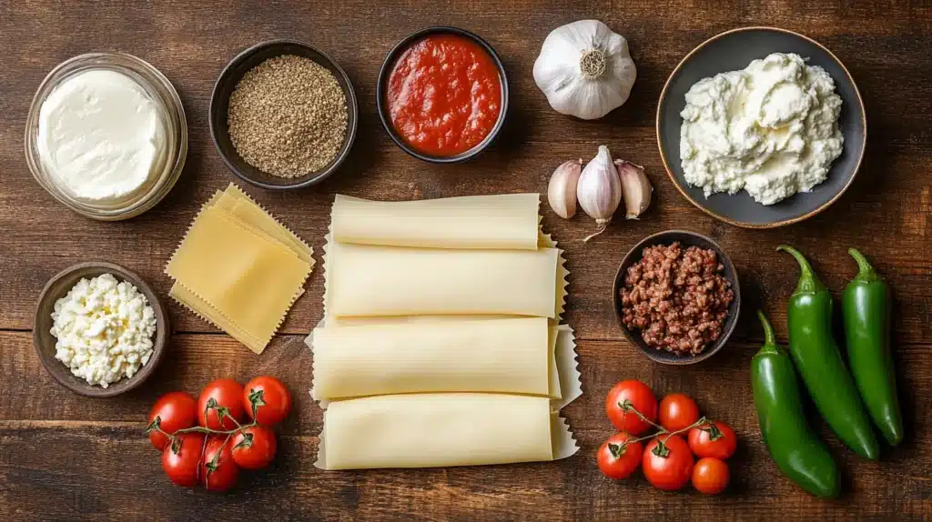 Overhead view of lasagna ingredients on a wooden countertop, including pasta sheets, tomatoes, onions, mozzarella, ricotta cheese, Italian sausage, ground beef, and green peppers.