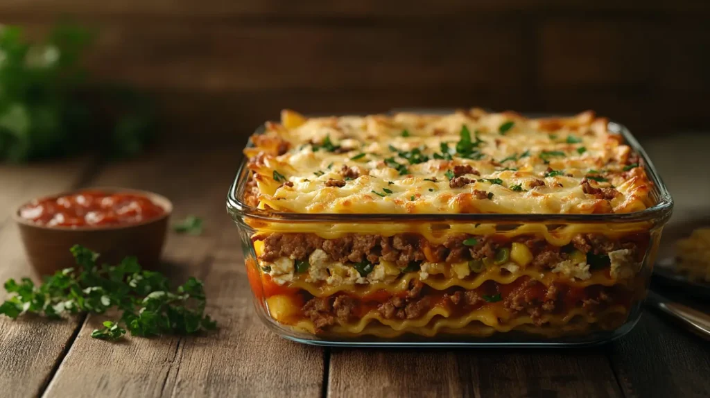 Freshly baked homemade lasagna in a glass dish, layered with pasta, meat, and cheese, set on a rustic wooden table with fresh herbs and a bowl of tomato sauce nearby.