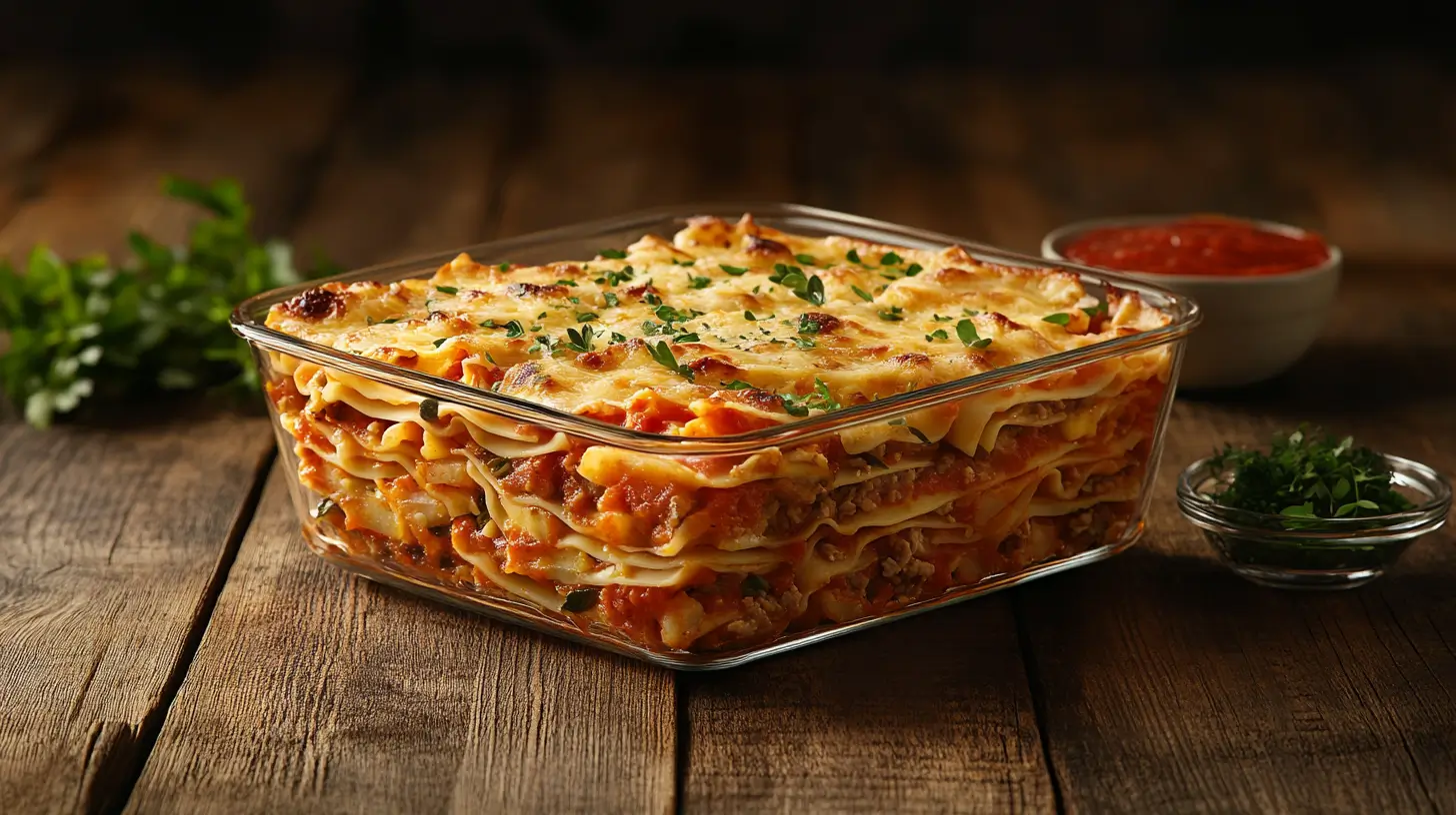 Costco Kirkland Signature Italian Sausage and Beef Lasagna served on a plate, showing rich layers of pasta, meat, and cheese with fresh ingredients in the background.