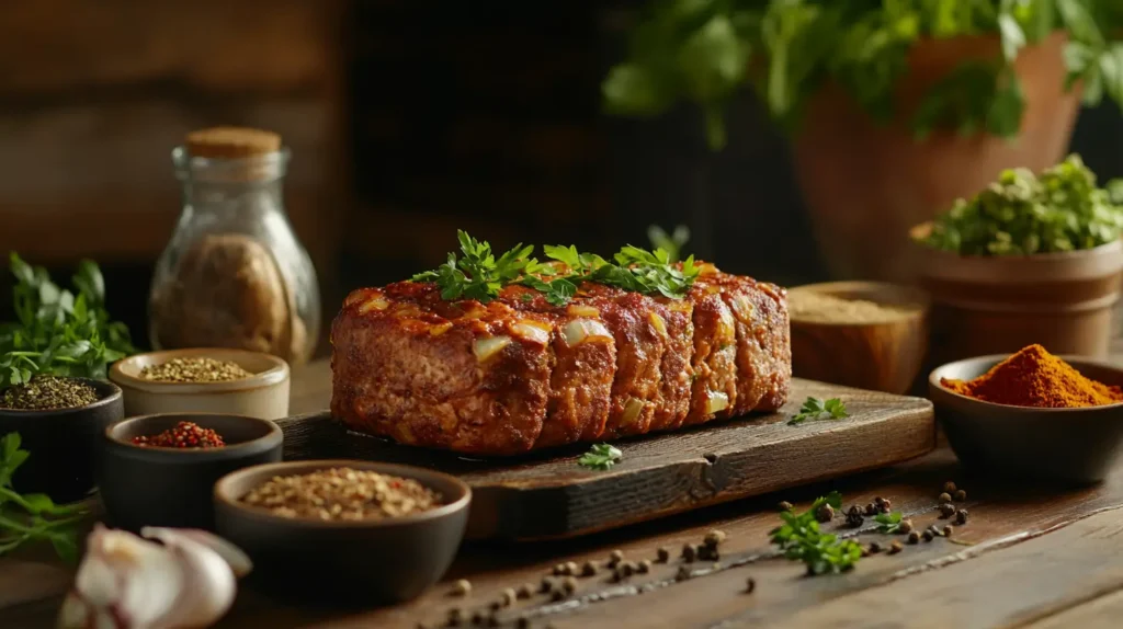 A sliced meatloaf on a white platter, garnished with parsley, served with mashed potatoes and roasted vegetables on a rustic wooden table.