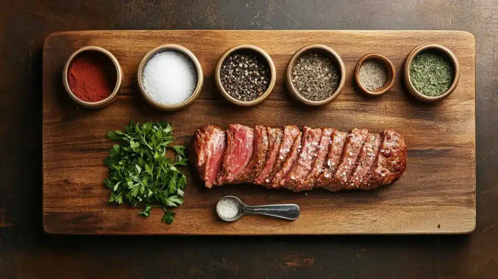 Top-down view of a cutting board with small bowls of spices for meatloaf seasoning, including salt, pepper, garlic powder, onion powder, paprika, and parsley, alongside a measuring spoon.