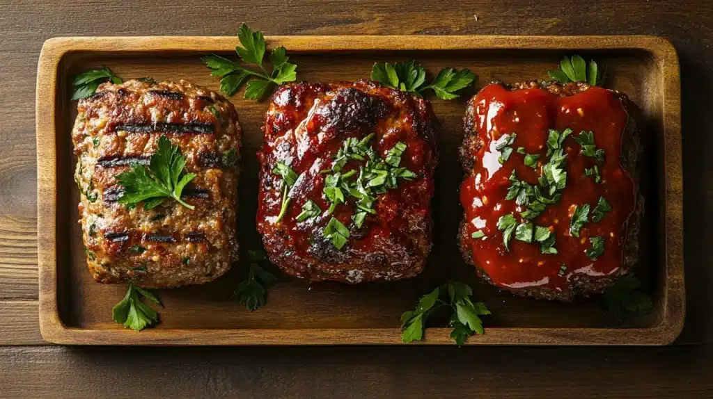 Three mini meatloaves on a wooden tray: one classic with parsley, one Italian-style with marinara sauce, and one smoky BBQ with glaze and grill marks, each with distinct garnishes.