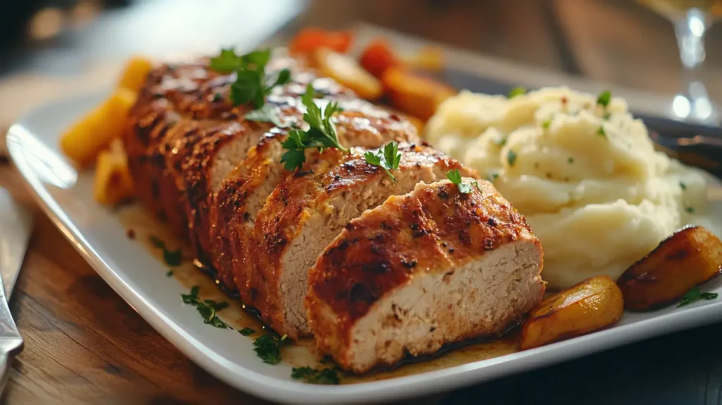 A rustic setup showcasing a cooked meatloaf surrounded by jars of spices like paprika, garlic powder, and dried herbs, with fresh parsley and a knife on the side.