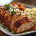 A rustic setup showcasing a cooked meatloaf surrounded by jars of spices like paprika, garlic powder, and dried herbs, with fresh parsley and a knife on the side.