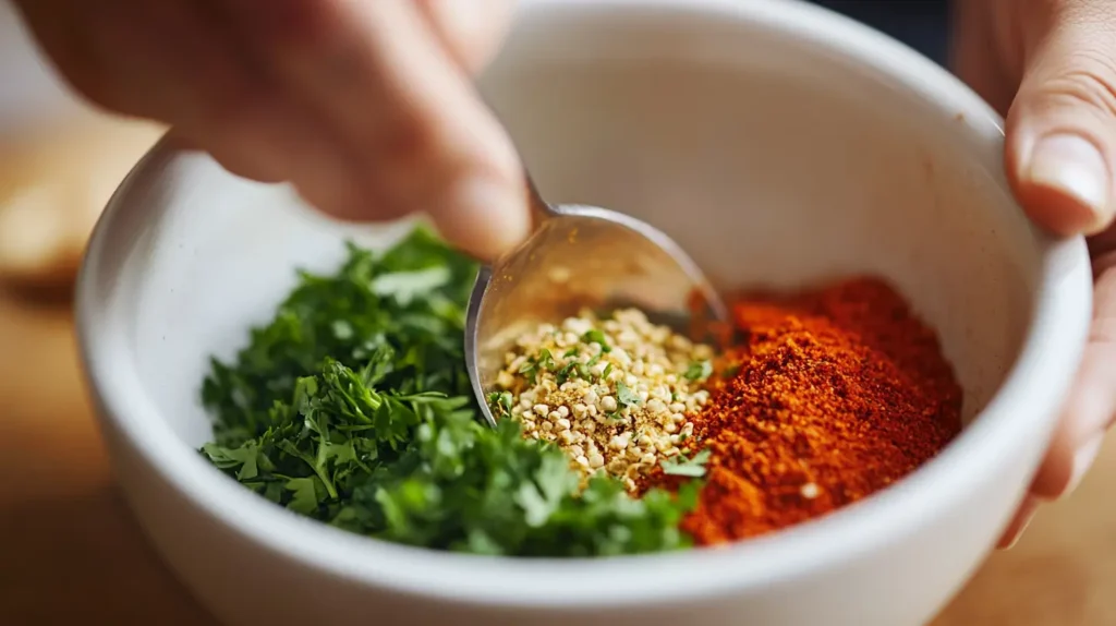 Close-up of hands mixing meatloaf seasoning spices like paprika, parsley, and dried mustard in a small bowl.