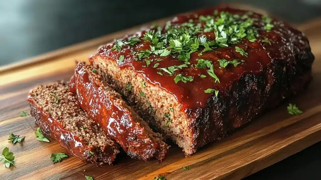 Perfectly baked meatloaf with a glossy ketchup glaze, garnished with fresh parsley and sliced to reveal its tender interior.