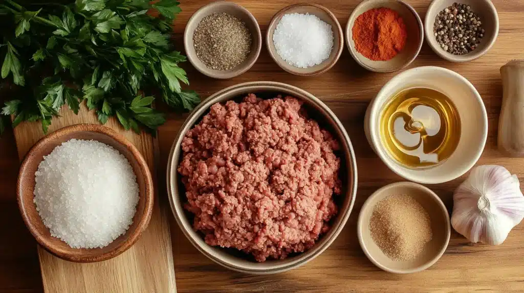 Top-down view of meatloaf ingredients and spices, including ground beef, paprika, garlic powder, and Worcestershire sauce.