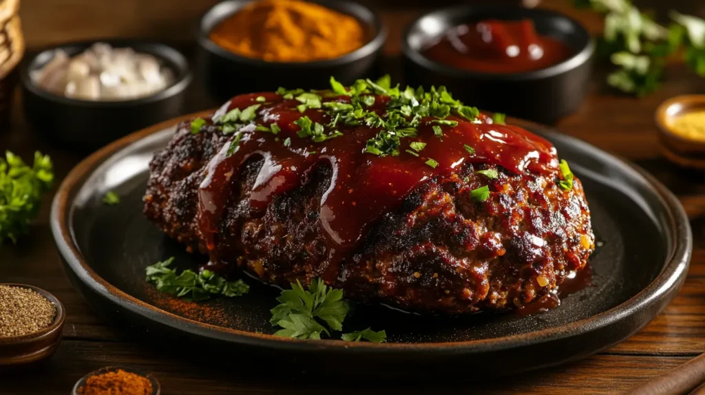 A perfectly plated meatloaf with a shiny glaze, garnished with parsley, surrounded by bowls of seasoning ingredients like paprika and garlic powder.