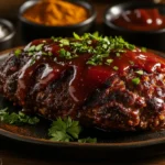 A perfectly plated meatloaf with a shiny glaze, garnished with parsley, surrounded by bowls of seasoning ingredients like paprika and garlic powder.