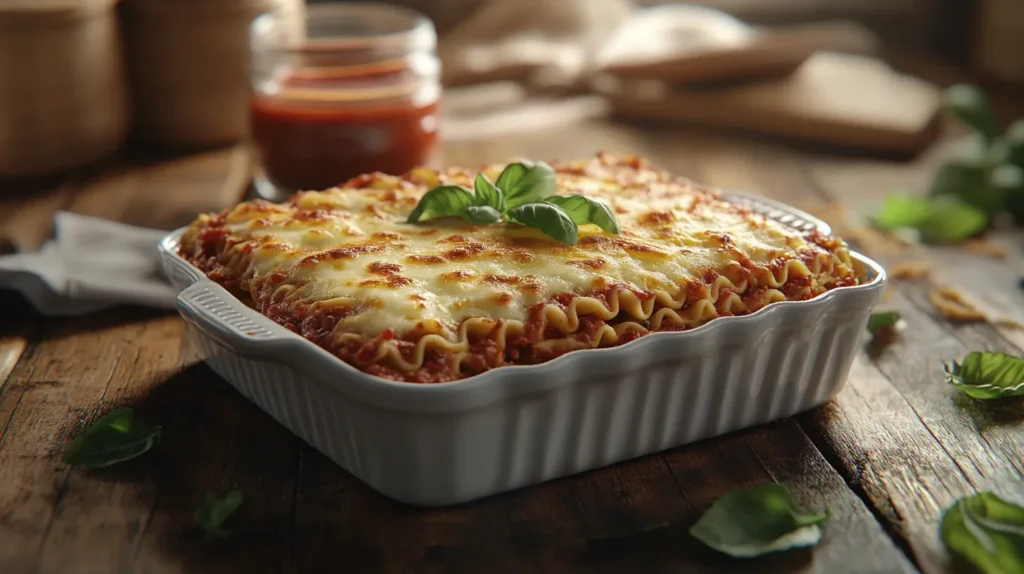 Freshly baked Barilla lasagna with golden melted cheese and basil garnish, served in a ceramic dish on a wooden table.