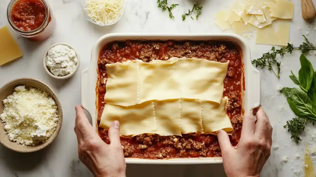 Hands assembling Barilla lasagna in a baking dish, layering pasta sheets over meat sauce, with ricotta filling and cheese in the background.