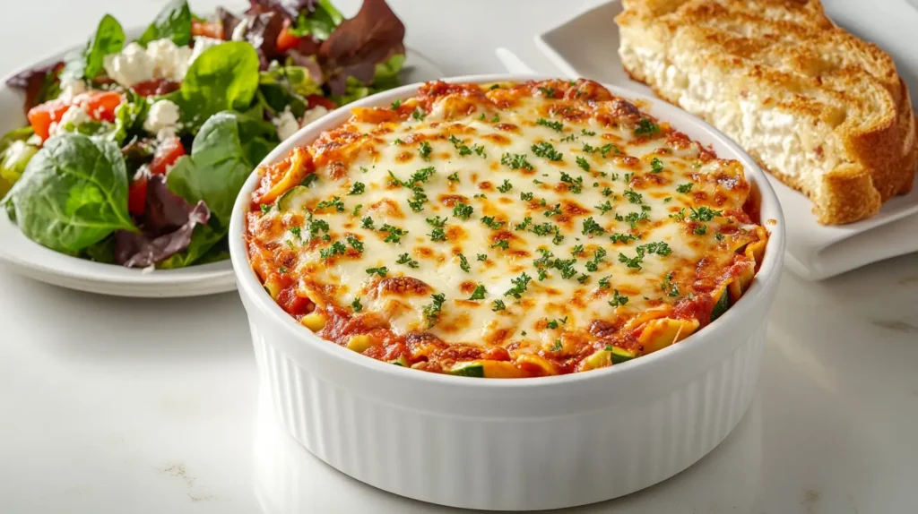 Vegetarian Barilla lasagna featuring zucchini, spinach, ricotta, and marinara sauce, topped with melted cheese and served with garlic bread.