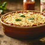 Steaming hot Barilla lasagna in a rustic ceramic dish, garnished with fresh basil, surrounded by lasagna ingredients on a wooden table.