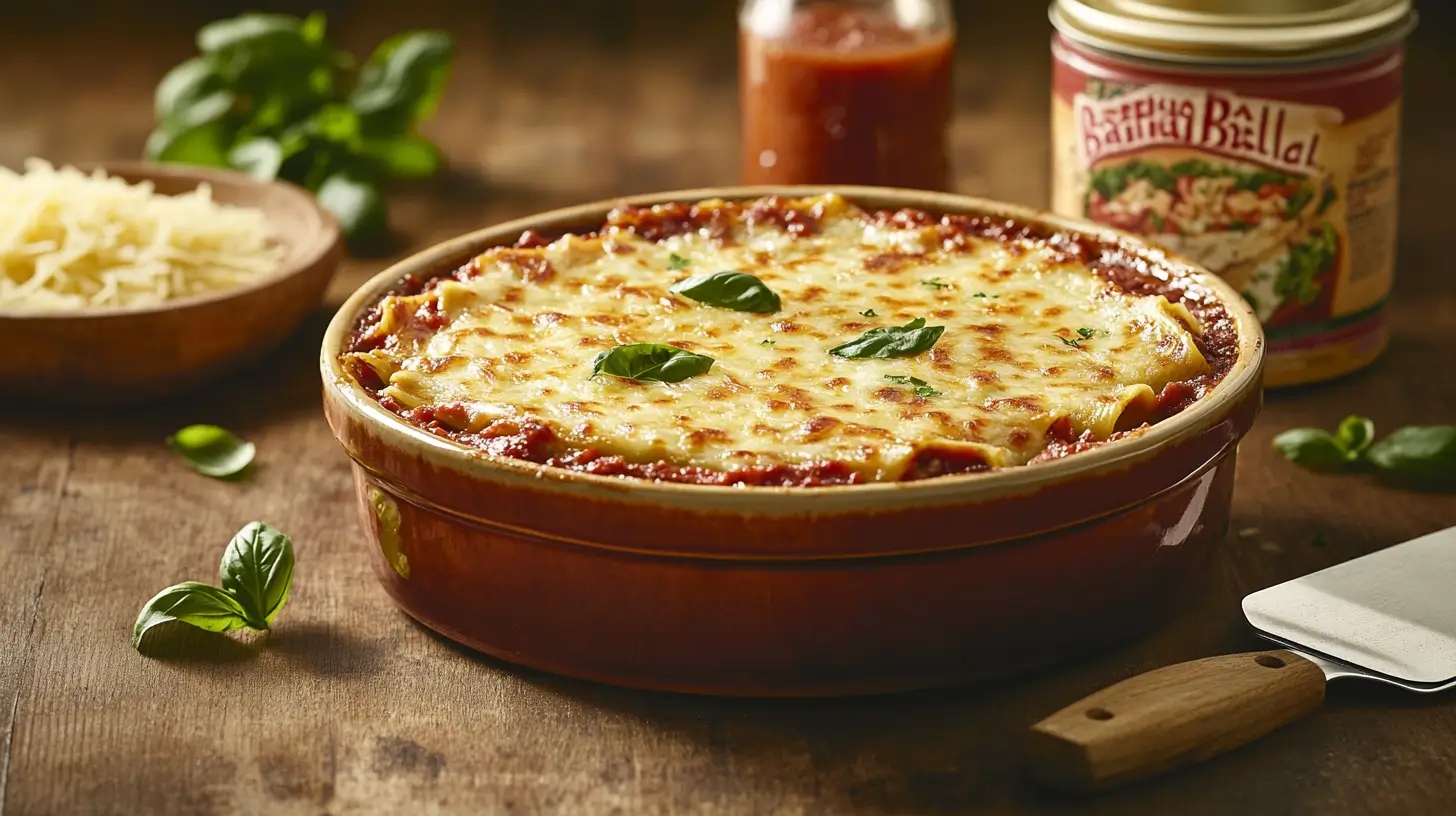 Steaming hot Barilla lasagna in a rustic ceramic dish, garnished with fresh basil, surrounded by lasagna ingredients on a wooden table.