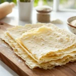 Fresh gluten-free lasagne sheets made from rice flour and almond flour on a wooden cutting board.