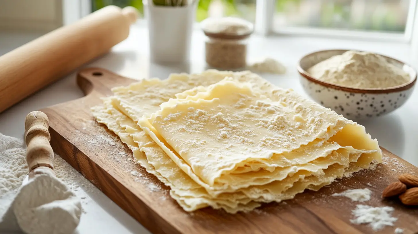 Fresh gluten-free lasagne sheets made from rice flour and almond flour on a wooden cutting board.