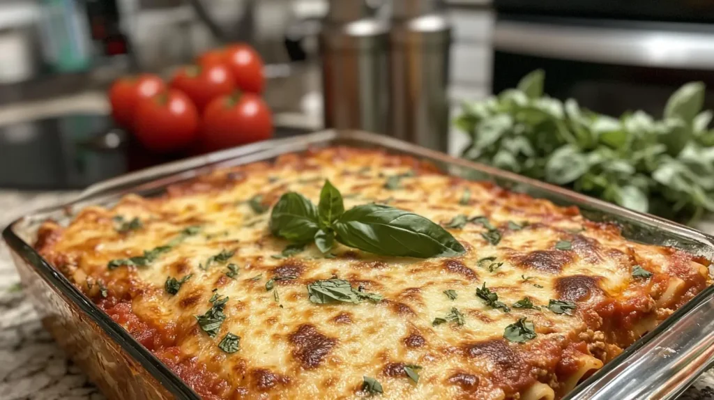 A golden-brown, freshly baked gluten-free lasagna with visible layers of noodles, sauce, and cheese, garnished with fresh basil, styled in a rustic kitchen alongside uncooked lasagna noodles, tomatoes, and olive oil.