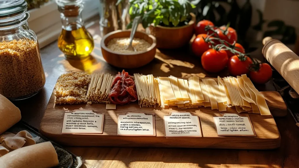 A selection of gluten-free lasagna noodles, including rice, quinoa, and lentil varieties, displayed on a wooden board with small ingredient labels, surrounded by fresh tomatoes, olive oil, and a rolling pin.