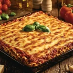 A golden-brown, freshly baked gluten-free lasagna with visible layers of noodles, sauce, and cheese, garnished with fresh basil, styled in a rustic kitchen alongside uncooked lasagna noodles, tomatoes, and olive oil.