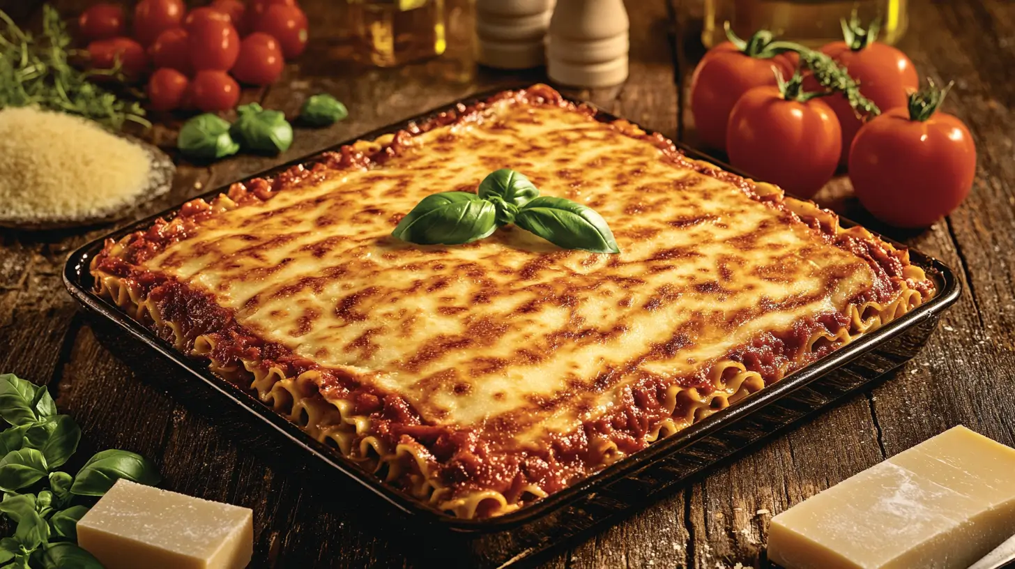 A golden-brown, freshly baked gluten-free lasagna with visible layers of noodles, sauce, and cheese, garnished with fresh basil, styled in a rustic kitchen alongside uncooked lasagna noodles, tomatoes, and olive oil.