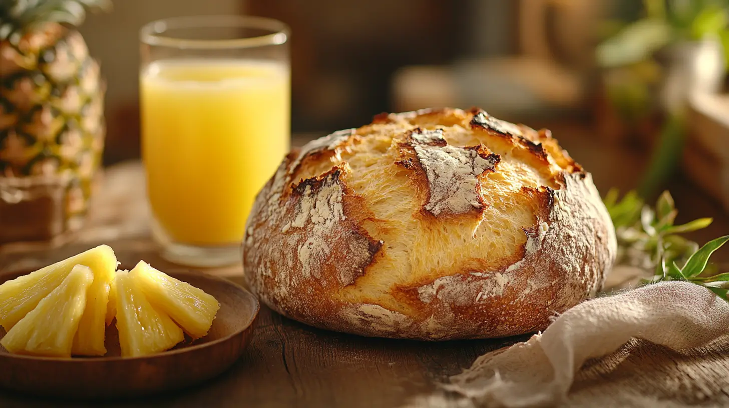 Artisan bread with pineapple juice and fresh pineapple slices on a rustic wooden table.