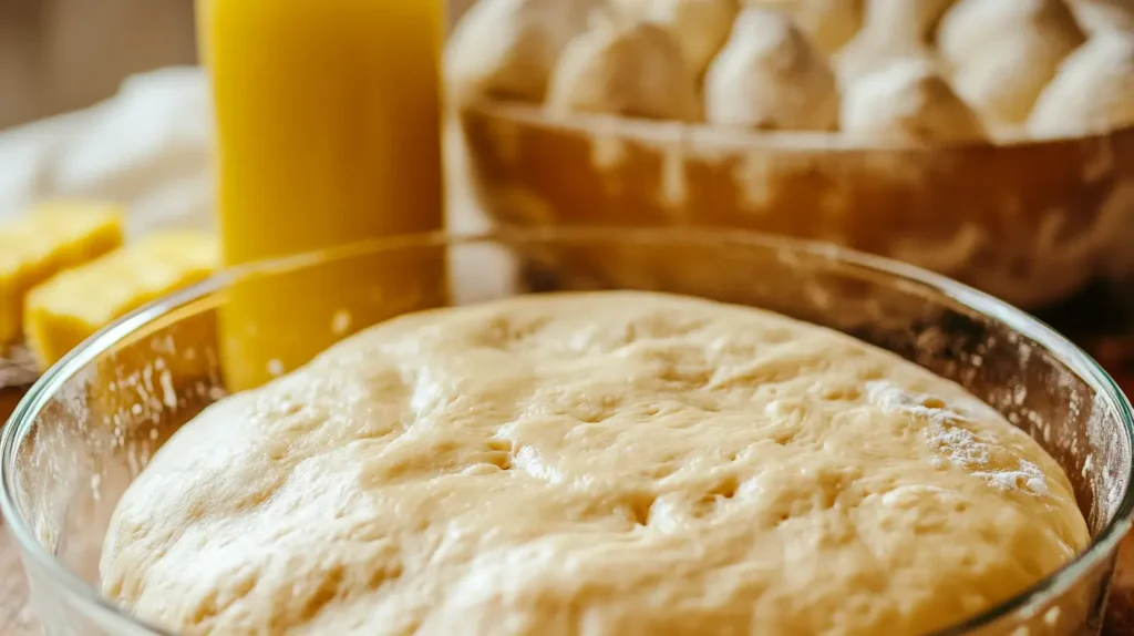 "Close-up of fermenting dough with visible bubbles and a bottle of pineapple juice in the background."