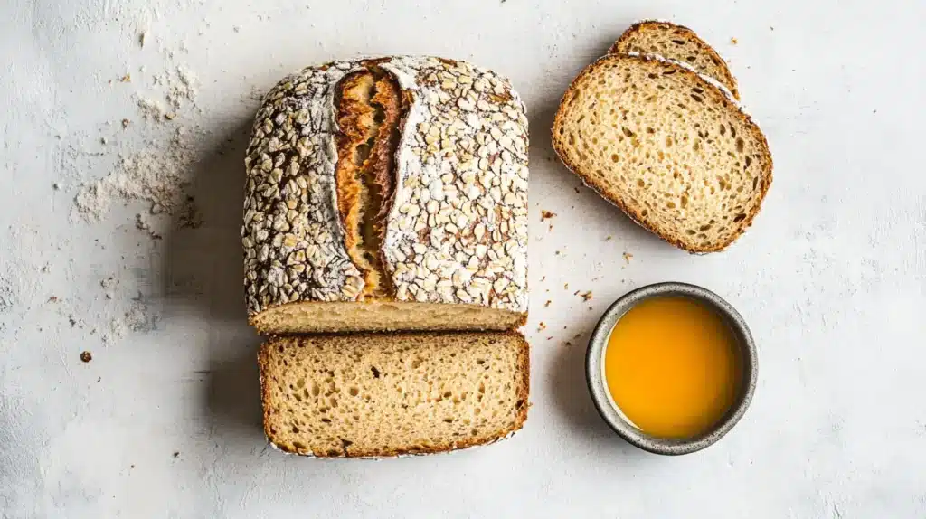 "Sliced loaf of bread showing a soft, airy crumb with a small dish of pineapple juice beside it."