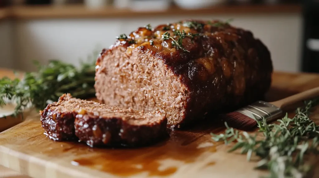 Juicy, golden-crusted meatloaf sliced on a wooden board with fresh herbs and glaze brush.