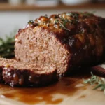 Juicy, golden-crusted meatloaf sliced on a wooden board with fresh herbs and glaze brush.