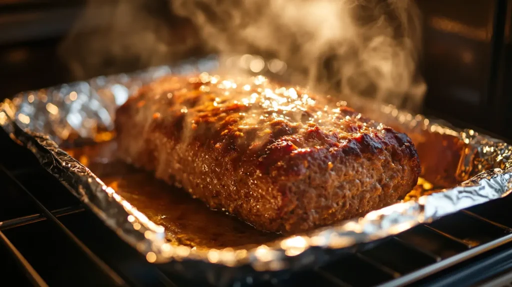 Meatloaf baking in an oven, half-covered with foil, showing a moist interior and browning crust.