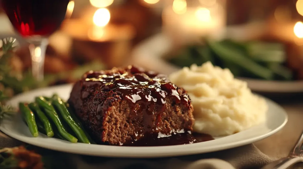 Meatloaf slice with glaze, served with mashed potatoes and green beans, on a dinner table with rustic decor.