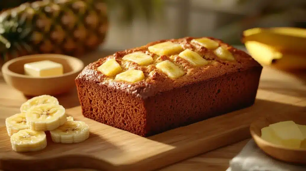 A freshly baked loaf of pineapple banana bread on a wooden cutting board surrounded by pineapple chunks and banana slices, with a rustic kitchen background.