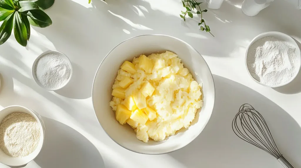 Ingredients for pineapple banana bread arranged on a white kitchen counter, including a mixing bowl with mashed bananas, crushed pineapple, flour, sugar, and eggs, with a loaf pan ready for baking."