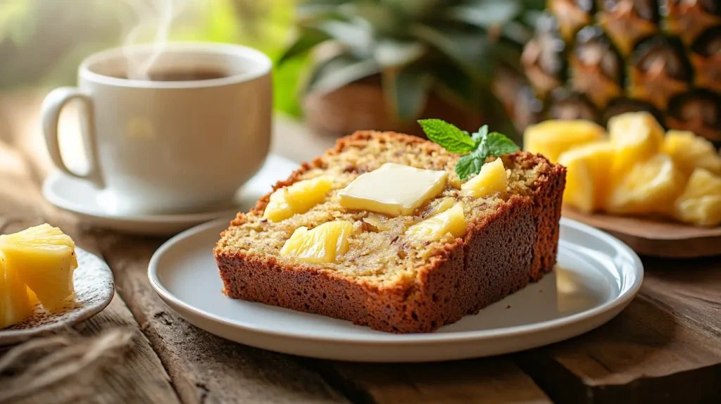 A slice of pineapple banana bread served on a white plate with butter melting on top, garnished with pineapple chunks and mint, alongside a cup of coffee on a wooden table.