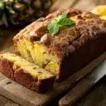 A freshly baked loaf of pineapple banana bread on a wooden cutting board surrounded by pineapple chunks and banana slices, with a rustic kitchen background.