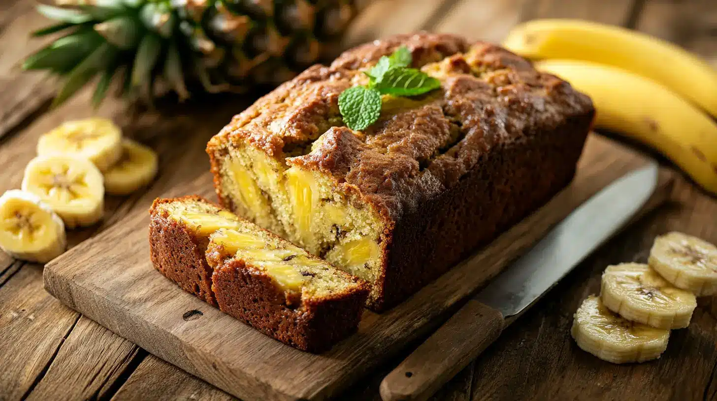 A freshly baked loaf of pineapple banana bread on a wooden cutting board surrounded by pineapple chunks and banana slices, with a rustic kitchen background.