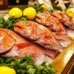 Fresh rockfish displayed at a seafood market with shiny skin, clear eyes, and garnished with lemons and herbs.