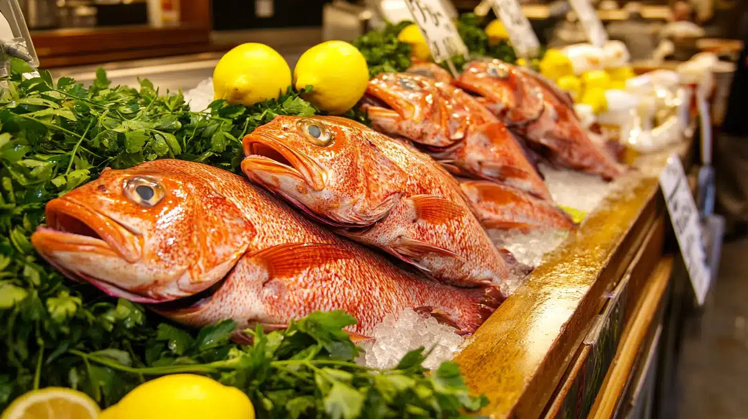 Fresh rockfish displayed at a seafood market with shiny skin, clear eyes, and garnished with lemons and herbs.