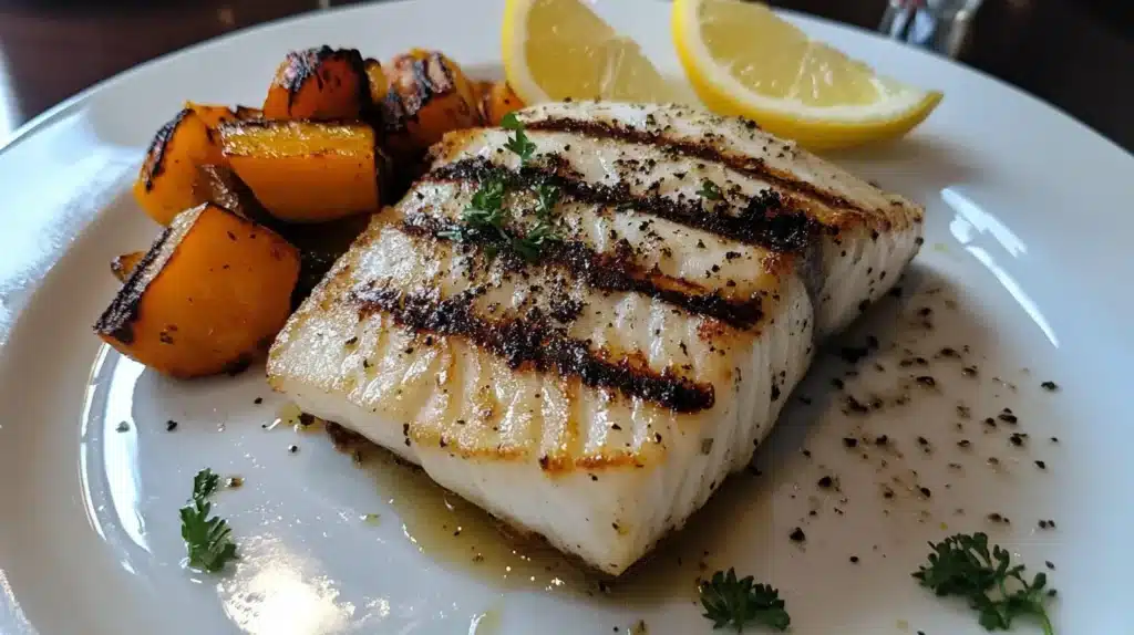 Grilled rockfish fillet with golden grill marks, served alongside roasted vegetables and garnished with lemon wedges and parsley.